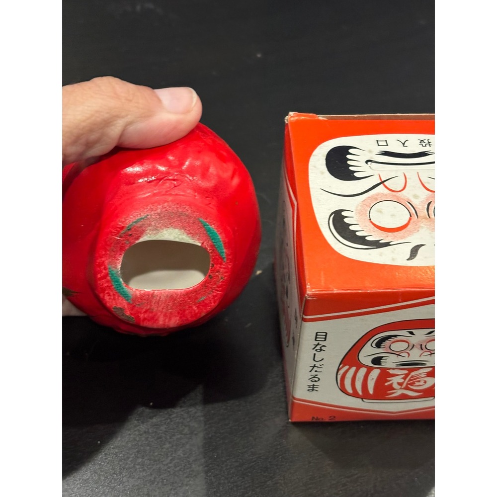 Vintage Japanese Red Daruma Doll Ceramic Coin Bank Good Luck Charm with Box - Picture 3 of 3